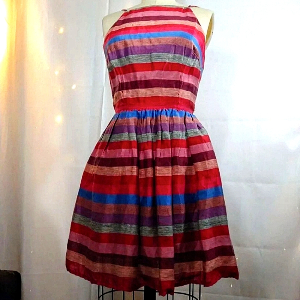 Bebe Bright Stripe Linen Mini Skater Dress